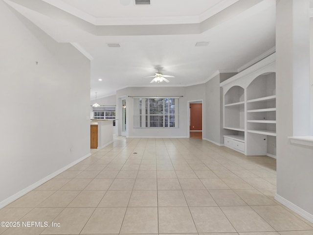 unfurnished living room featuring light tile patterned floors, crown molding, and ceiling fan