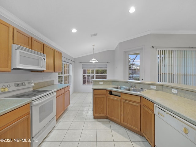 kitchen featuring pendant lighting, sink, white appliances, light tile patterned floors, and ornamental molding