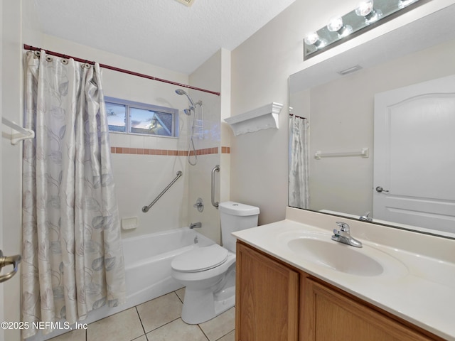 full bathroom with toilet, a textured ceiling, vanity, shower / bathtub combination with curtain, and tile patterned flooring