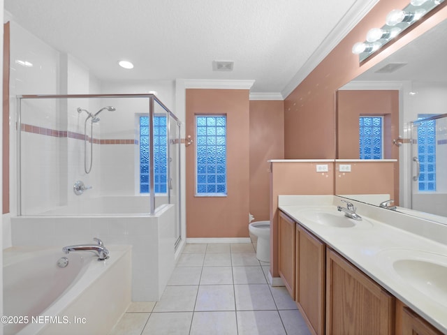 full bathroom with a bidet, crown molding, a textured ceiling, tile patterned floors, and shower with separate bathtub