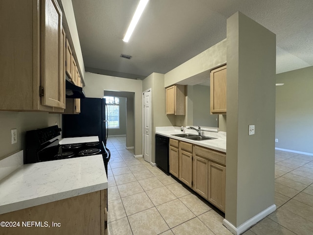 kitchen with black appliances, sink, a textured ceiling, light tile patterned flooring, and extractor fan