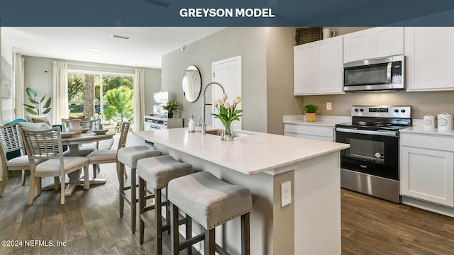 kitchen with appliances with stainless steel finishes, white cabinetry, a kitchen island with sink, and sink