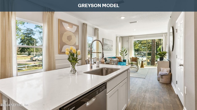 kitchen featuring stainless steel dishwasher, plenty of natural light, a center island with sink, and white cabinets