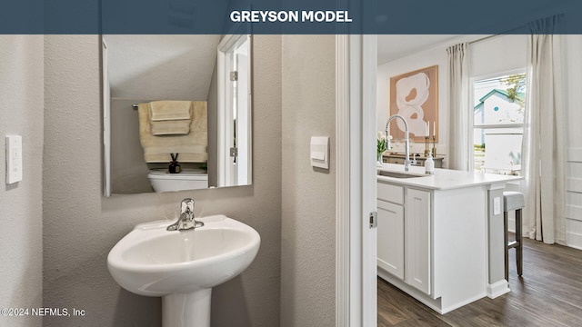 bathroom with hardwood / wood-style flooring, toilet, and sink