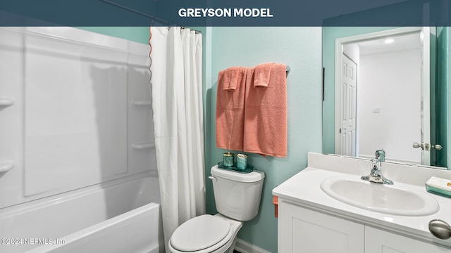 full bathroom featuring vanity, toilet, and shower / bathtub combination with curtain