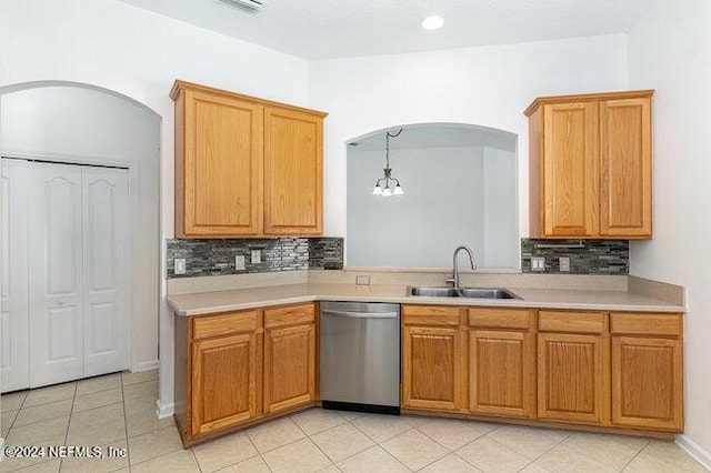 kitchen with dishwasher, decorative backsplash, hanging light fixtures, and sink