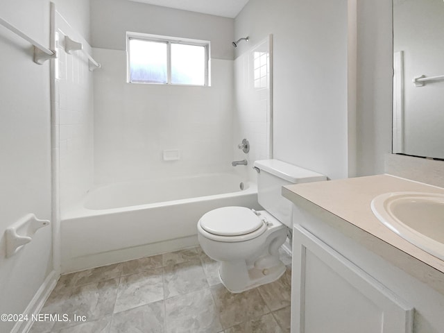 full bathroom with toilet, vanity, and bathing tub / shower combination