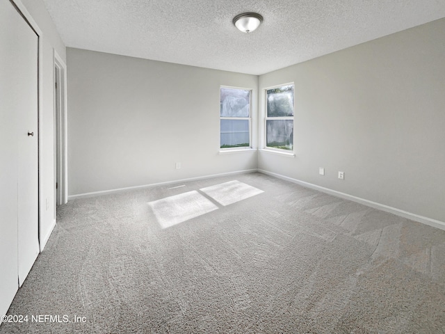 interior space featuring carpet, a textured ceiling, and a closet