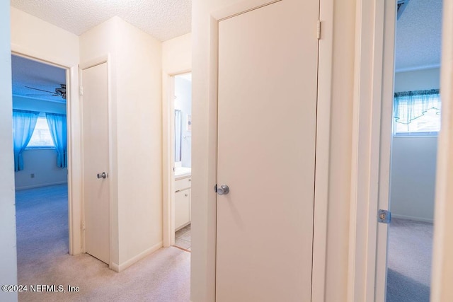 hallway featuring light carpet and a textured ceiling