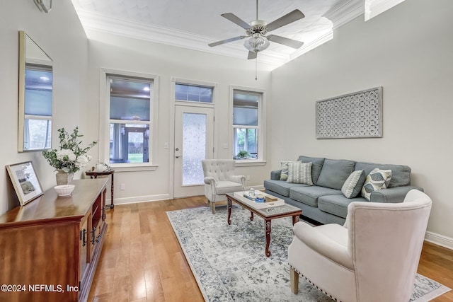 living room featuring light hardwood / wood-style flooring, ceiling fan, and crown molding