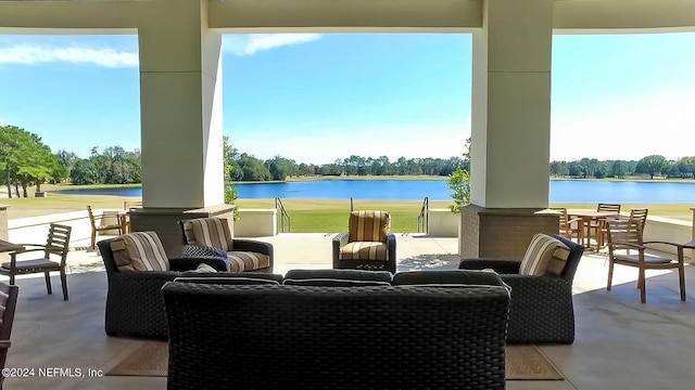 view of patio / terrace featuring a water view