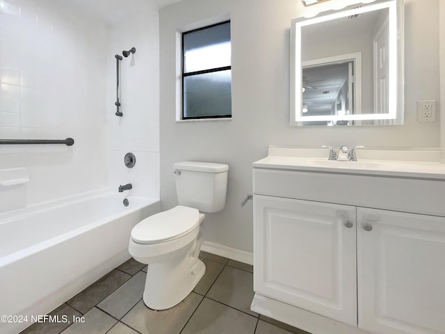 full bathroom featuring toilet, shower / bathing tub combination, vanity, and tile patterned floors