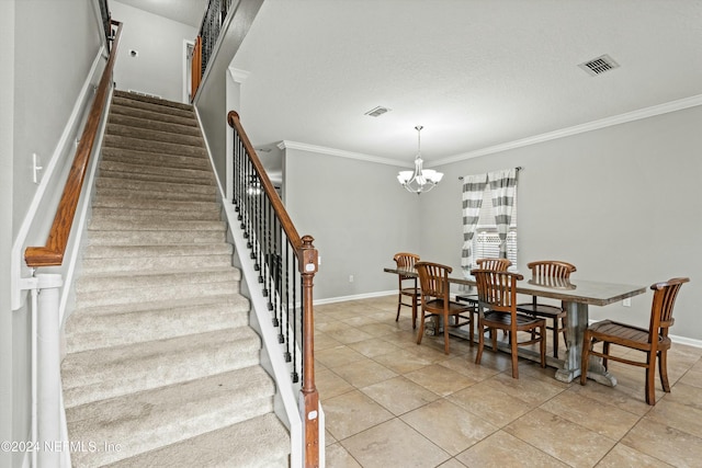 dining area featuring ornamental molding, light tile patterned floors, and a notable chandelier