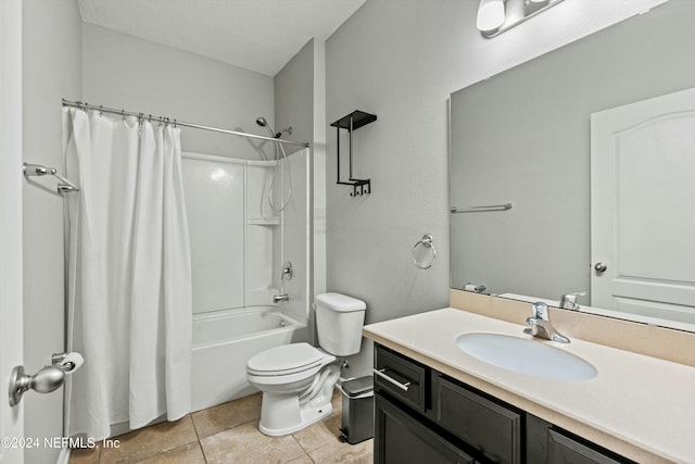 full bathroom featuring shower / bath combination with curtain, tile patterned floors, vanity, and toilet