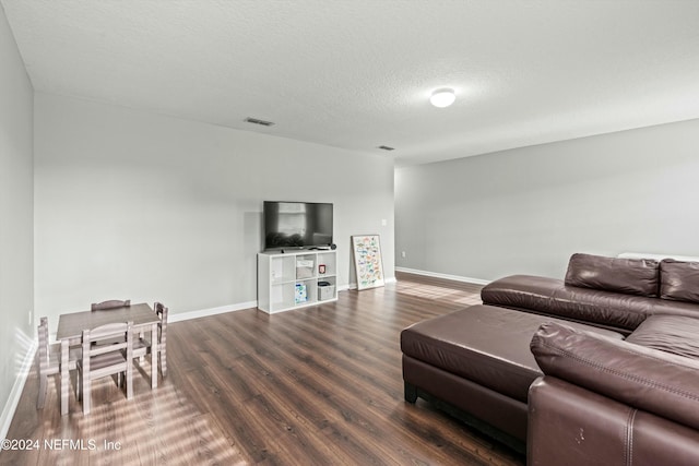 living room featuring dark hardwood / wood-style flooring and a textured ceiling