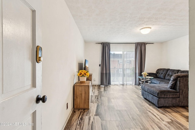 living room with hardwood / wood-style floors and a textured ceiling