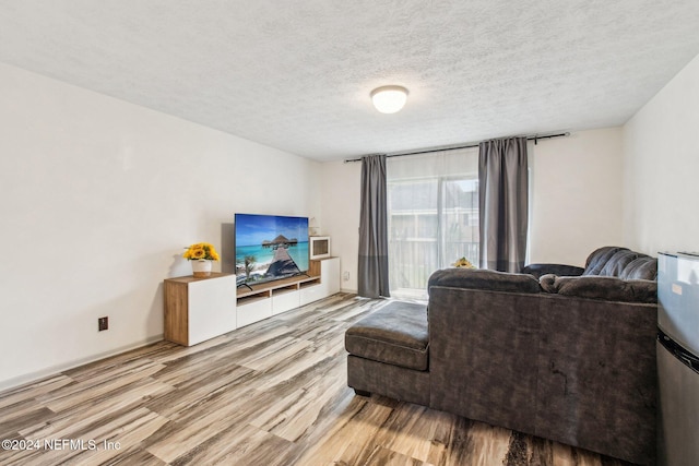 living room with wood-type flooring and a textured ceiling