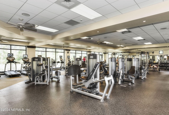 gym with ceiling fan and a drop ceiling