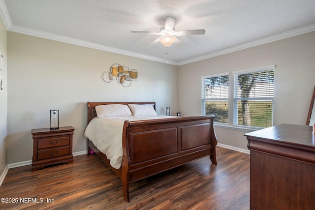 bedroom with ceiling fan, dark hardwood / wood-style flooring, and ornamental molding