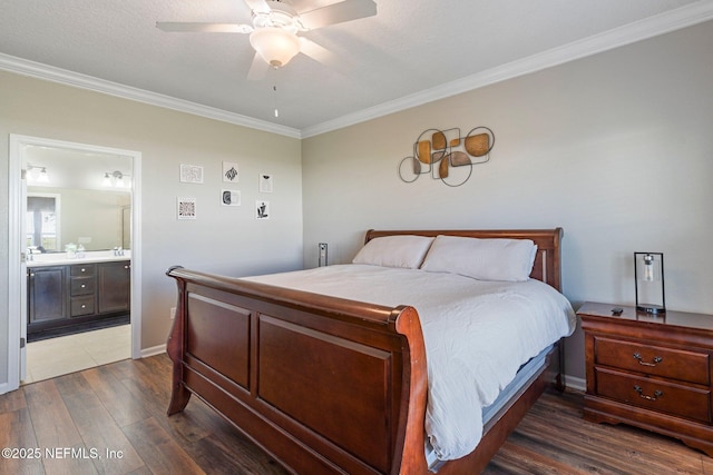 bedroom with dark hardwood / wood-style floors, ceiling fan, and ornamental molding