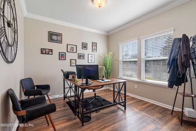 office area featuring crown molding, dark wood-type flooring, and a textured ceiling