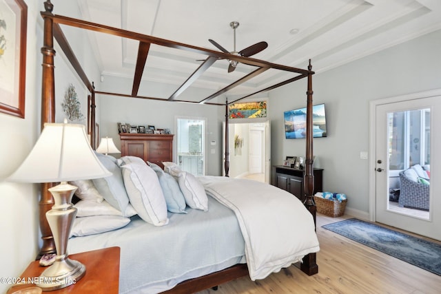 bedroom with access to exterior, light wood-type flooring, lofted ceiling with beams, and ceiling fan