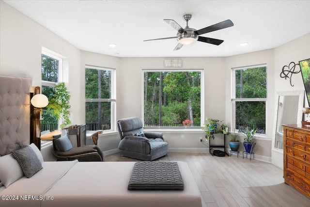 living room featuring ceiling fan and light wood-type flooring