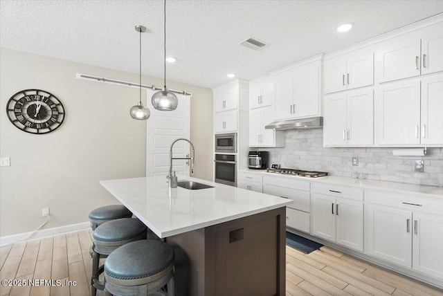 kitchen featuring under cabinet range hood, stainless steel appliances, a sink, visible vents, and backsplash