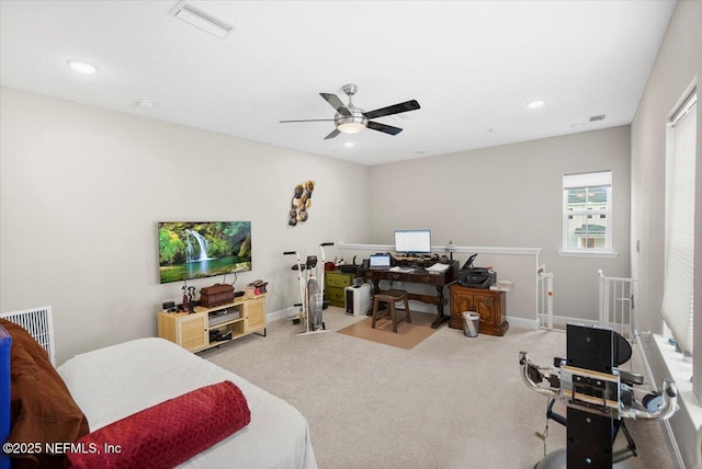 office with recessed lighting, carpet, visible vents, and baseboards