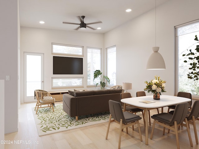 dining area featuring ceiling fan and light hardwood / wood-style floors