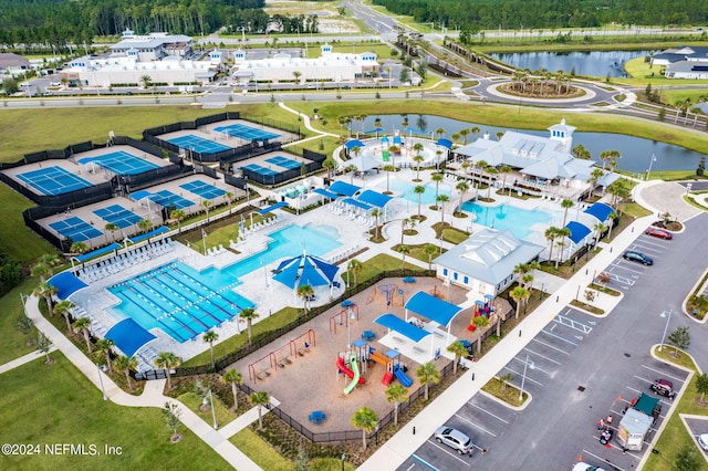 aerial view featuring a water view