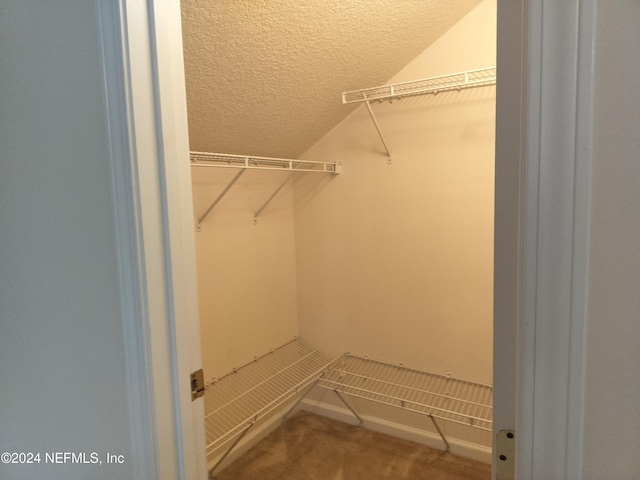 walk in closet with carpet and vaulted ceiling