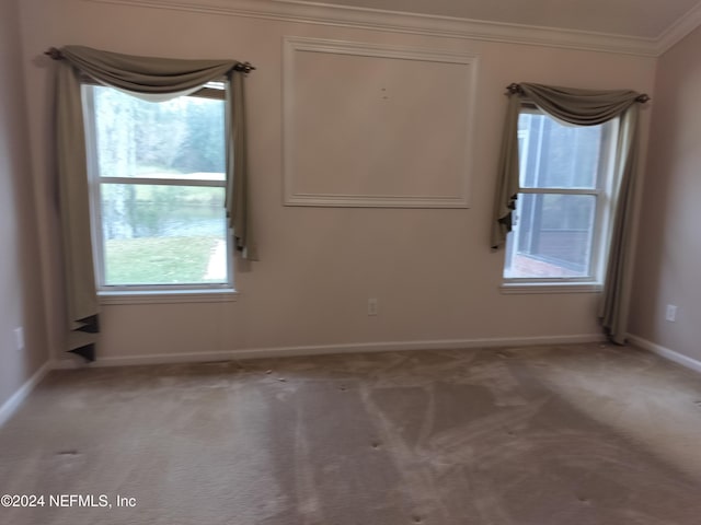 carpeted spare room with crown molding