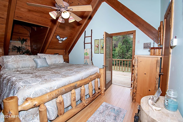 bedroom featuring access to outside, ceiling fan, lofted ceiling with beams, light hardwood / wood-style flooring, and wooden ceiling