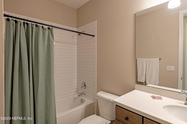 full bathroom with toilet, vanity, and shower / tub combo with curtain