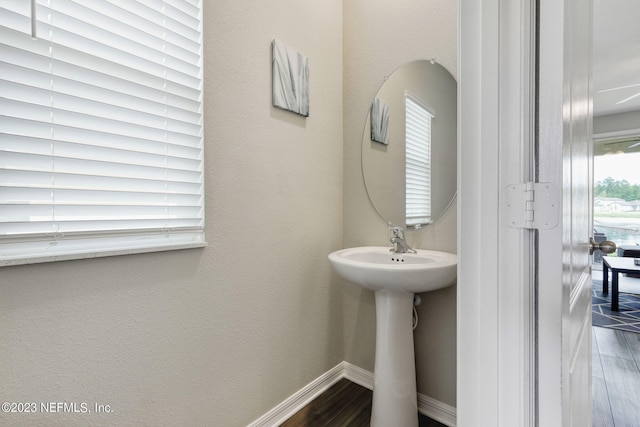 bathroom featuring ceiling fan, hardwood / wood-style floors, and sink