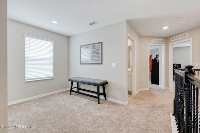 hallway with a textured ceiling and light carpet