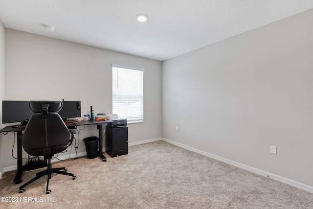 office space featuring a textured ceiling and light colored carpet