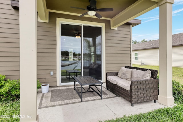 view of patio / terrace with ceiling fan and an outdoor hangout area