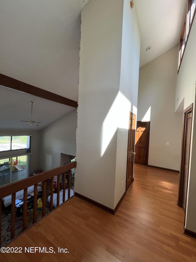 hall featuring high vaulted ceiling and light hardwood / wood-style flooring