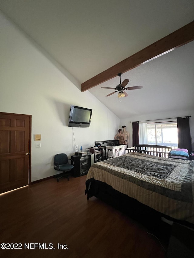 bedroom with lofted ceiling with beams, ceiling fan, and dark wood-type flooring