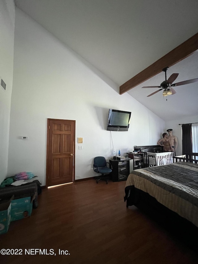 bedroom with beam ceiling, high vaulted ceiling, ceiling fan, and dark wood-type flooring