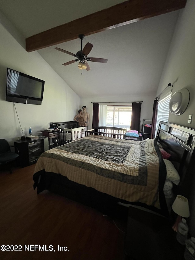 bedroom with vaulted ceiling with beams, ceiling fan, and hardwood / wood-style flooring