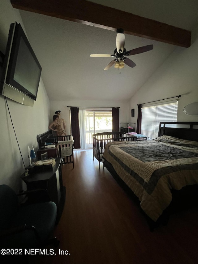 bedroom featuring vaulted ceiling with beams, ceiling fan, and hardwood / wood-style flooring