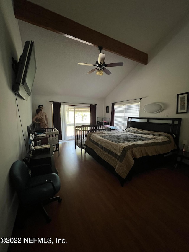 bedroom featuring hardwood / wood-style floors, ceiling fan, beam ceiling, and high vaulted ceiling