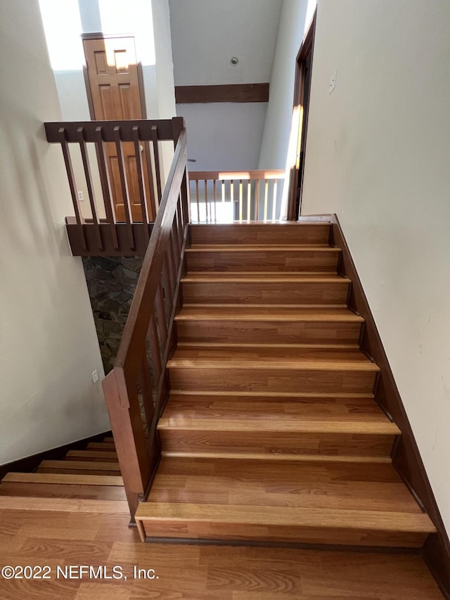 staircase with wood-type flooring