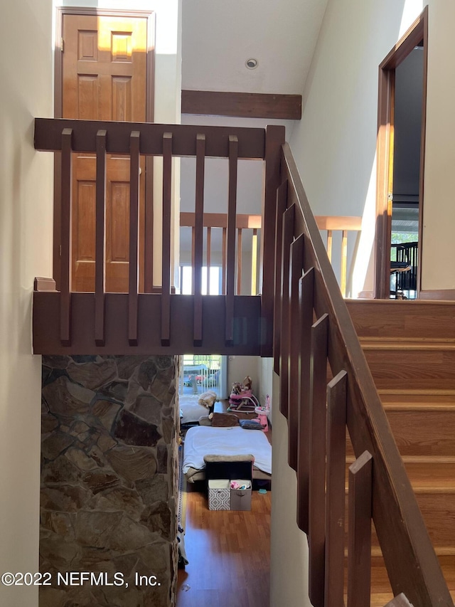 stairs with hardwood / wood-style floors