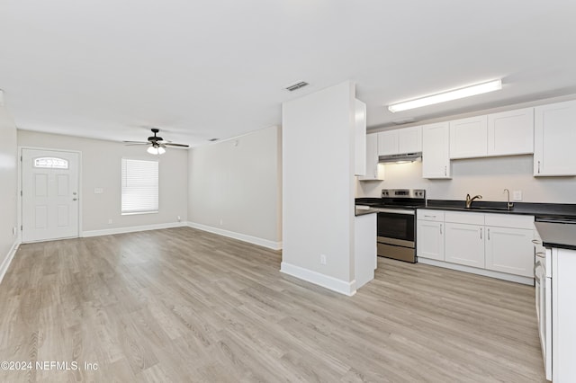 kitchen featuring stainless steel electric range, sink, ceiling fan, light hardwood / wood-style floors, and white cabinetry