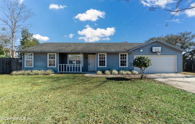 ranch-style home with a front yard, a porch, and a garage