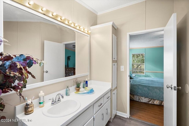 bathroom with hardwood / wood-style floors, vanity, ornamental molding, and a textured ceiling